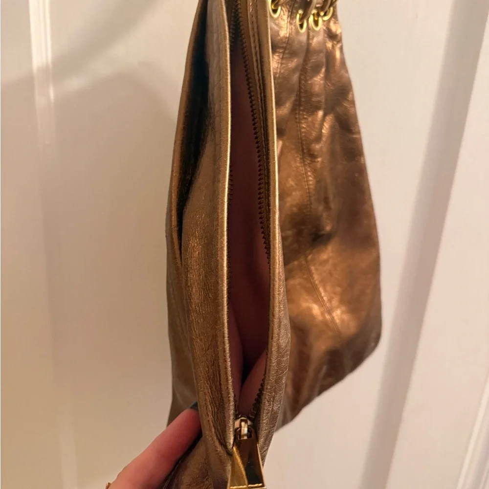 Trina Turk Metallic Leather Pleated Hobo Shoulder Bag with Gold Accents